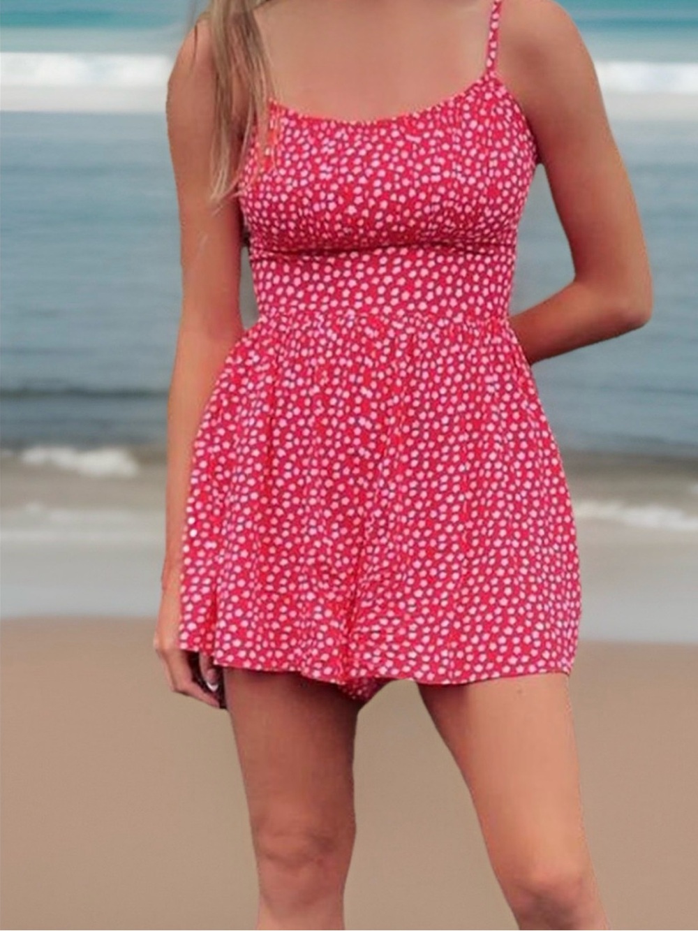 M Hollister Red & White Ditsy Floral Open Back Romper